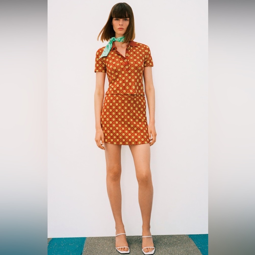 Zara Crop Collared Buttons Burnt Orange yellow Thin Soft Knit Top - Picture 3 of 11